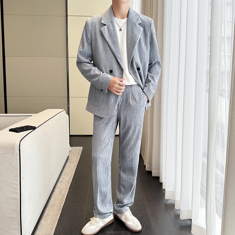 冰丝垂感西服宽松休闲直筒阔腿裤西装套装长袖2307-P195，男装西服套装，星座1606-1