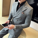 韩版修身时尚潮流西服格子双排扣西装套装2304-P230，男装西服套装，星座1606-1