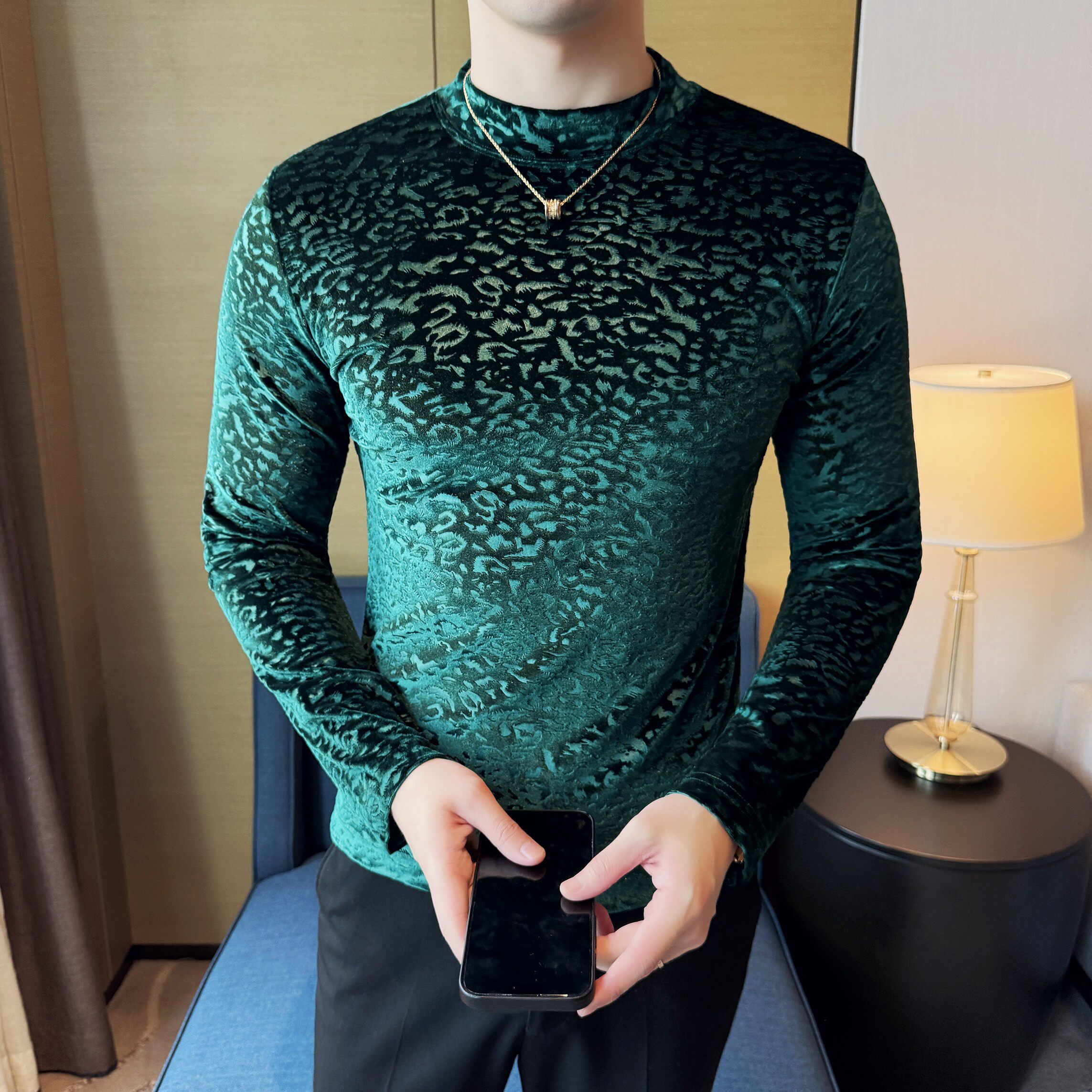 DS040-P48金丝绒豹纹提花半高领男士长袖T恤修身立体打底衫,男装T恤,星座1606-1