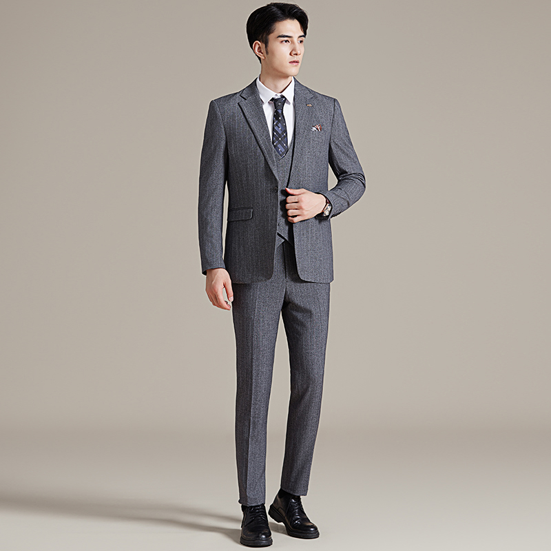 简约男士商务休闲西装韩版修身条纹西服三件套2514-P280，男装西服套装，星座1606-1