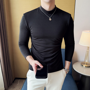 DS050-P48半高领立体提花格子T恤时尚百搭男士长袖打底衫