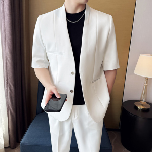 无领新中式西装微宽松版型短袖西服磁吸纽扣西服套装2504-P220图片