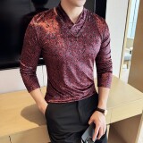 DS042-P50金丝绒玫瑰印花V领男士长袖T恤修身立体打底衫，男装T恤，星座1606-1