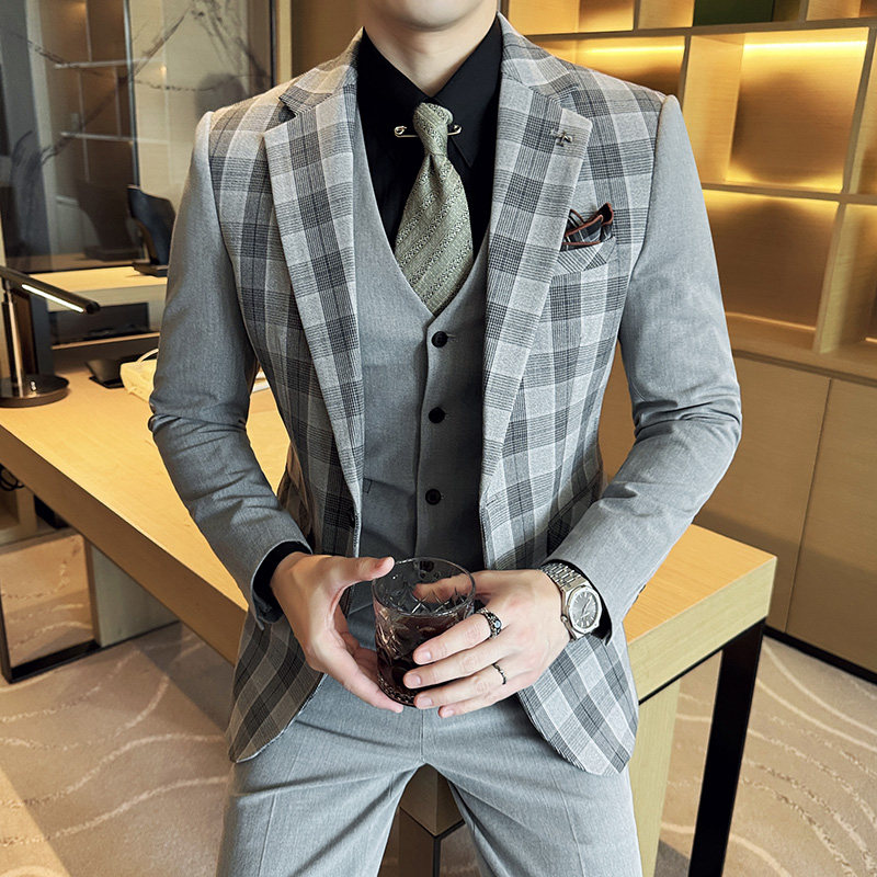 撞色韩版修身西服时尚潮流设计拼色西装三件套2411-P265,男装西服套装,星座1606-1