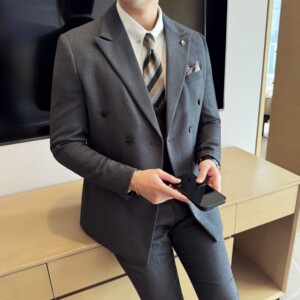 男士商务休闲西装华夫格韩版修身双排扣西服三件套2522-P285图片