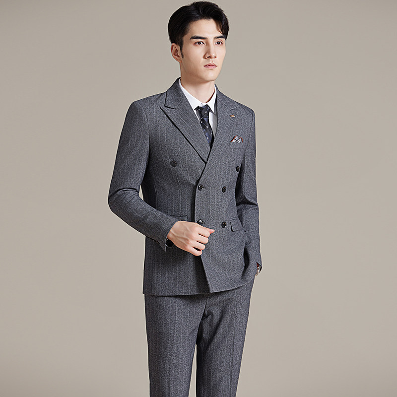 简约男士商务休闲西装韩版修身双排扣条纹西服2515-P285,男装西服套装,星座1606-1
