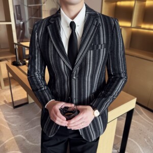 植绒条纹时尚休闲西装外套男士韩版修身西服DX64-P178图片