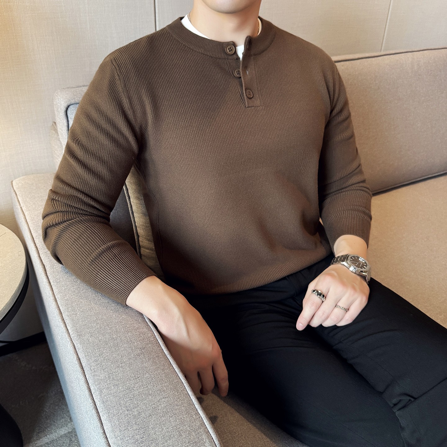 莫代尔亨利领半开胸毛衣男针织套头毛衣修身毛线针织衫6663A-P68,男装针织衫/毛衣,星座1606-1