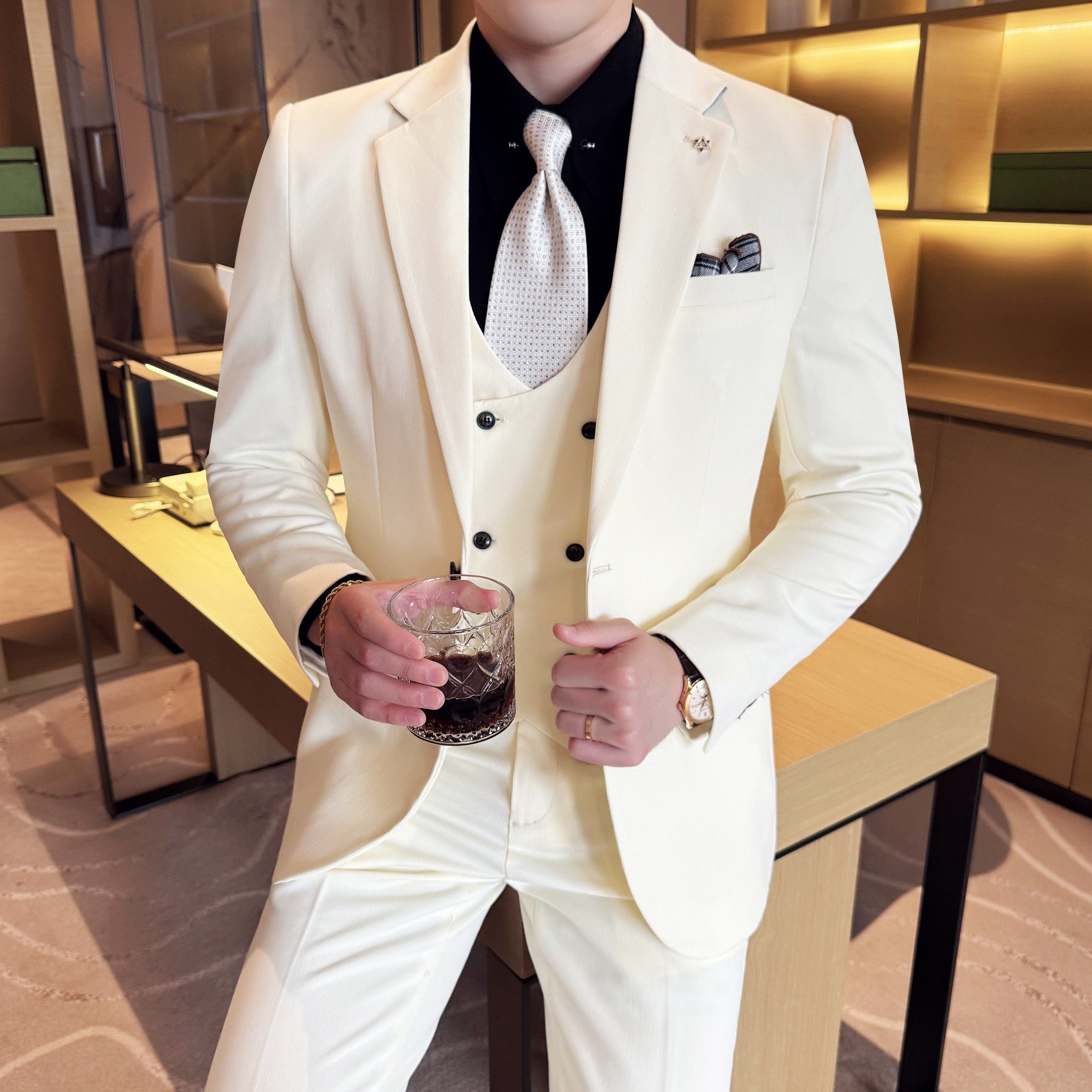 男士商务休闲西装韩版修身纯色暗纹西服三件套2512-P275，男装西服套装，星座1606-1