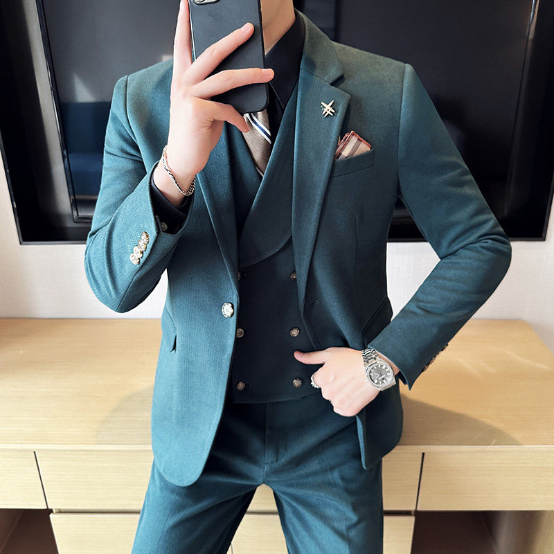 人字纹毛呢西服韩版修身商务西装三件套1852-P280,男装西服套装,星座1606-1