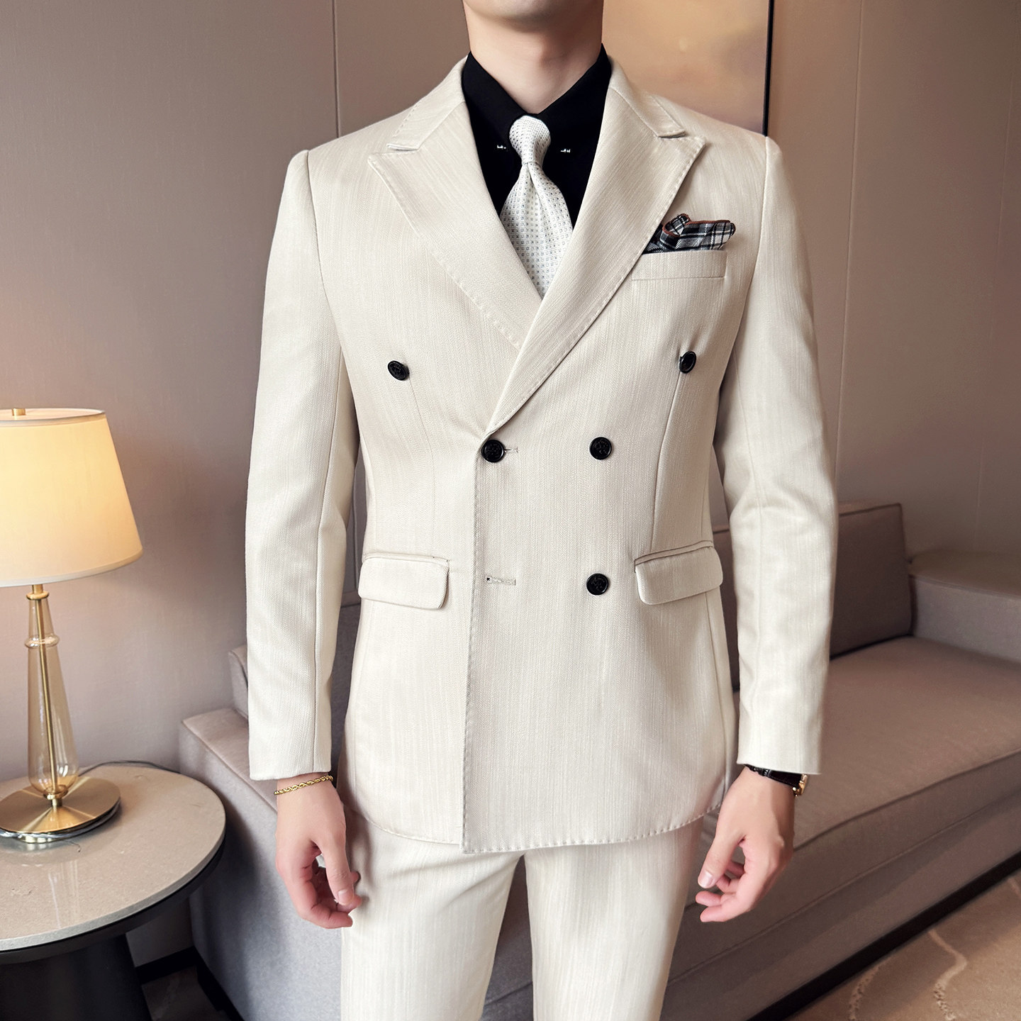 男士商务休闲西服莱赛尔醋酸条纹双排扣西装套装2531-P290,男装西服套装,星座1606-1