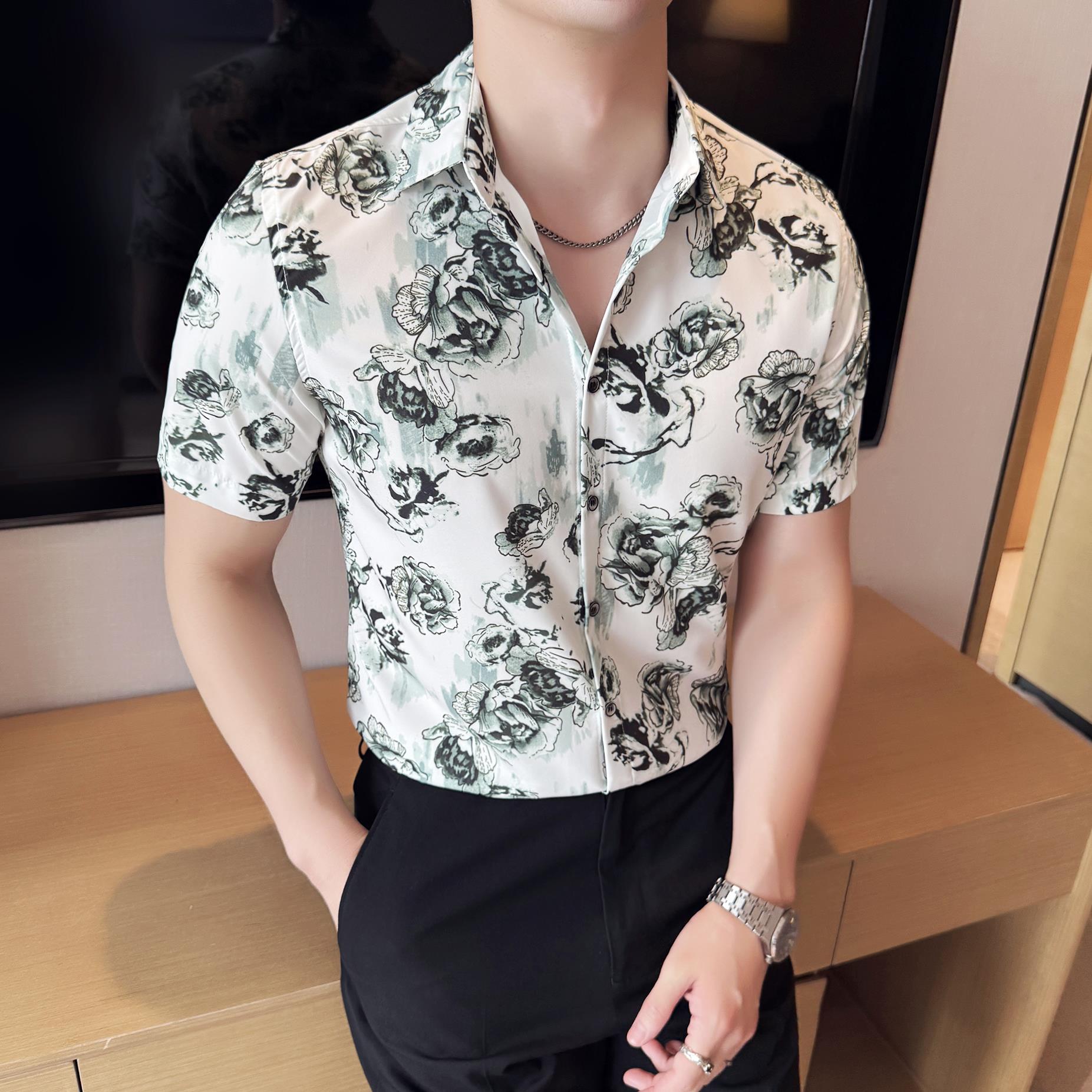 夏季印花短袖衬衫冰丝时尚休闲免熨衬衣男CS027-P58,男装T恤,星座1606-1