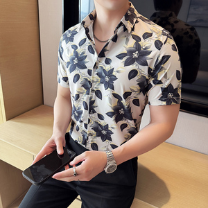 夏季印花短袖衬衫冰丝时尚休闲免熨衬衣男CS028-P58图片