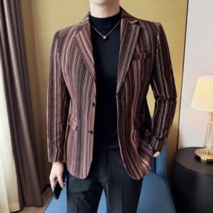植绒条纹时尚休闲西装外套男士韩版修身西服DX64-P178图片
