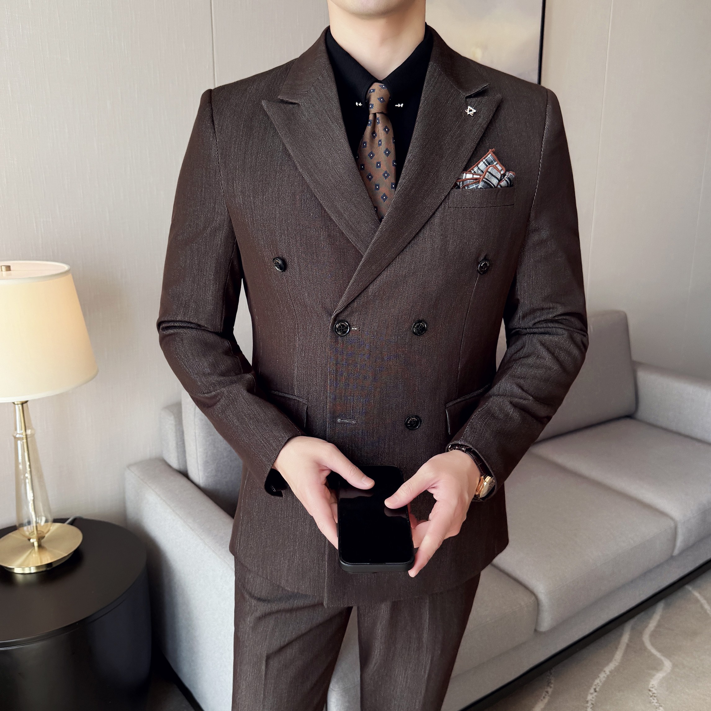 男士双排扣商务休闲西装韩版修身纯色暗纹西服三件套2513-P280,男装西服套装,星座1606-1