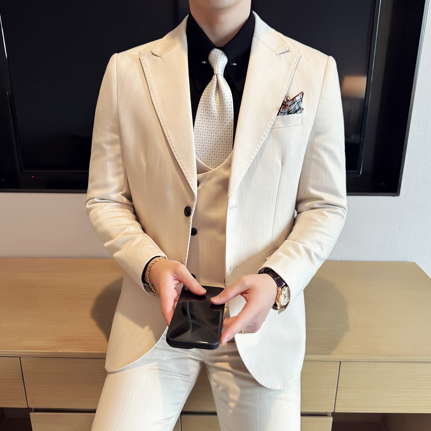 莱赛尔醋酸男士商务休闲西服韩版修身条纹西装套装2530-P285，男装西服套装，星座1606-1