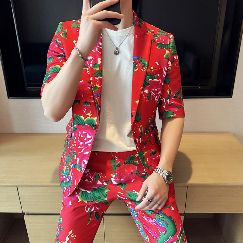 东北大红花修身男士短袖西服九分裤西装套装2402-P185图片