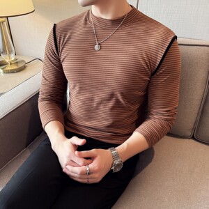 DS044-P48条纹半高领T恤修身立体男士长袖打底衫图片