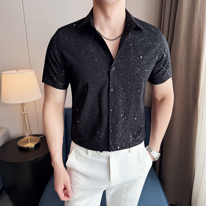 满天星烫金滴胶衬衫时尚百搭休闲免熨短袖衬衣CS018-P58，男装T恤，星座1606-1