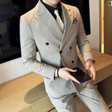 韩版修身商务西服双排扣条纹西装套装1820A-P275，男装西服套装，星座1606-1