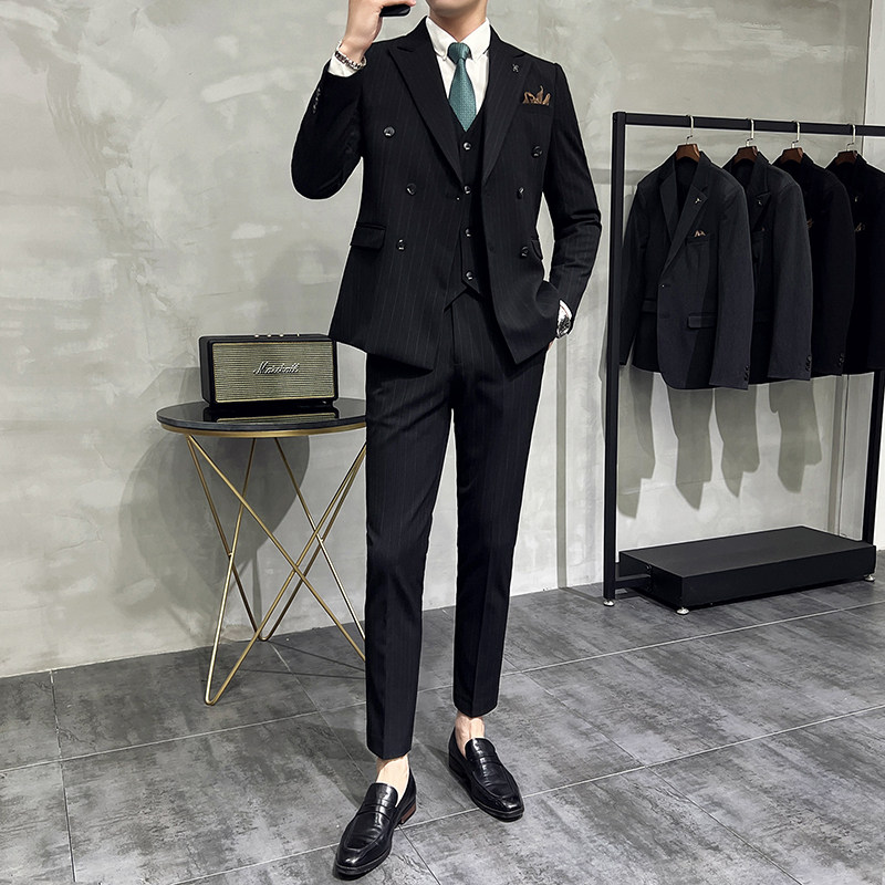 韩版修身商务西服条纹双排扣西装三件套1821-P280,男装西服套装,星座1606-1