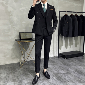 韩版修身商务西服条纹双排扣西装三件套1821-P280图片