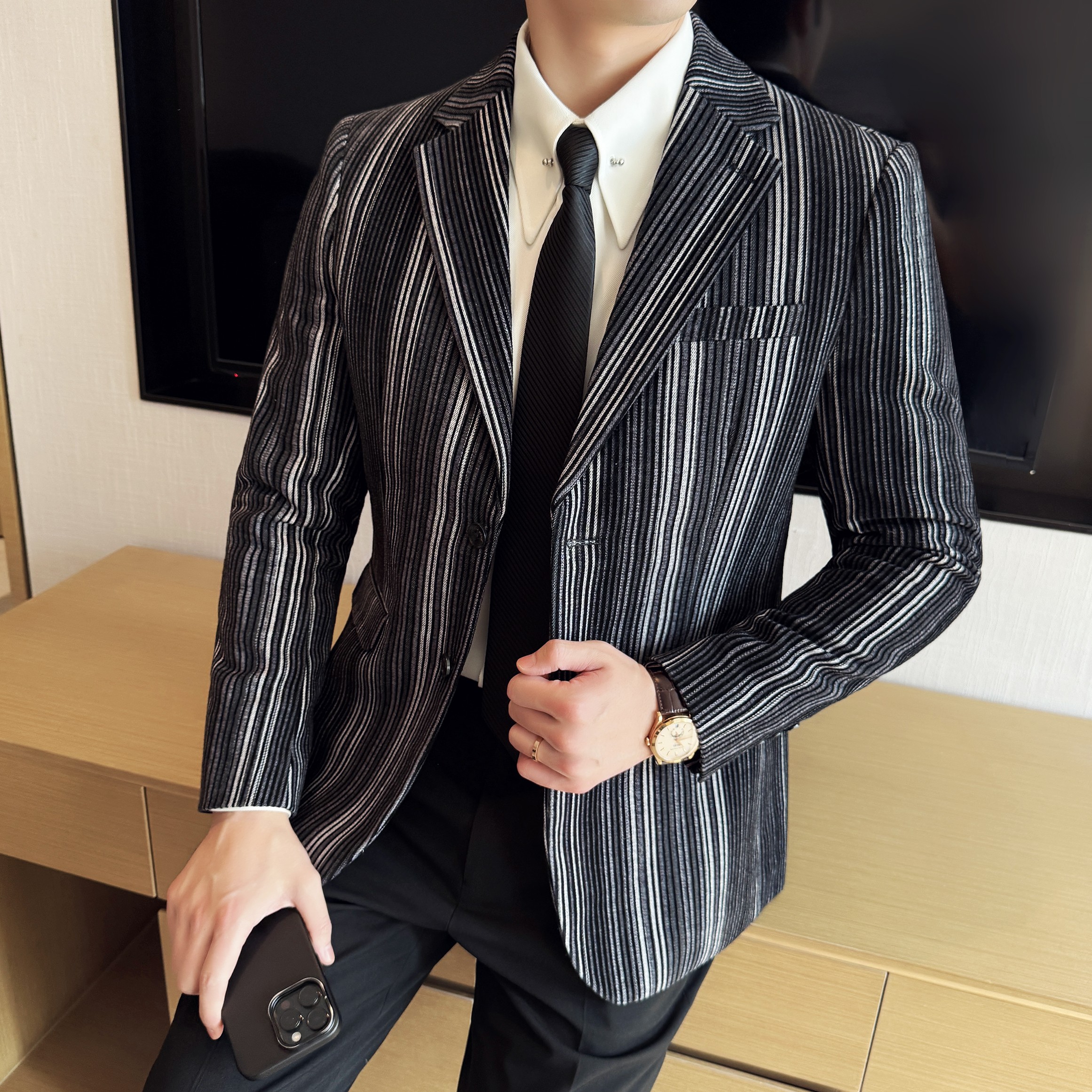 植绒条纹时尚休闲西装外套男士韩版修身西服DX64-P178,男装西服套装,星座1606-1