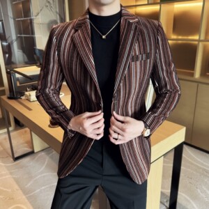 植绒条纹时尚休闲西装外套男士韩版修身西服DX64-P178图片