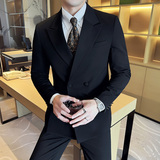 韩版修身西服时尚潮流设计双排扣西装三件套2415-P265右前幅可掀，男装西服套装，星座1606-1