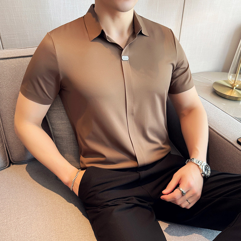 冰丝无痕高弹V领PLO衫高端时尚短袖上衣男2821-P62,男装T恤,星座1606-1