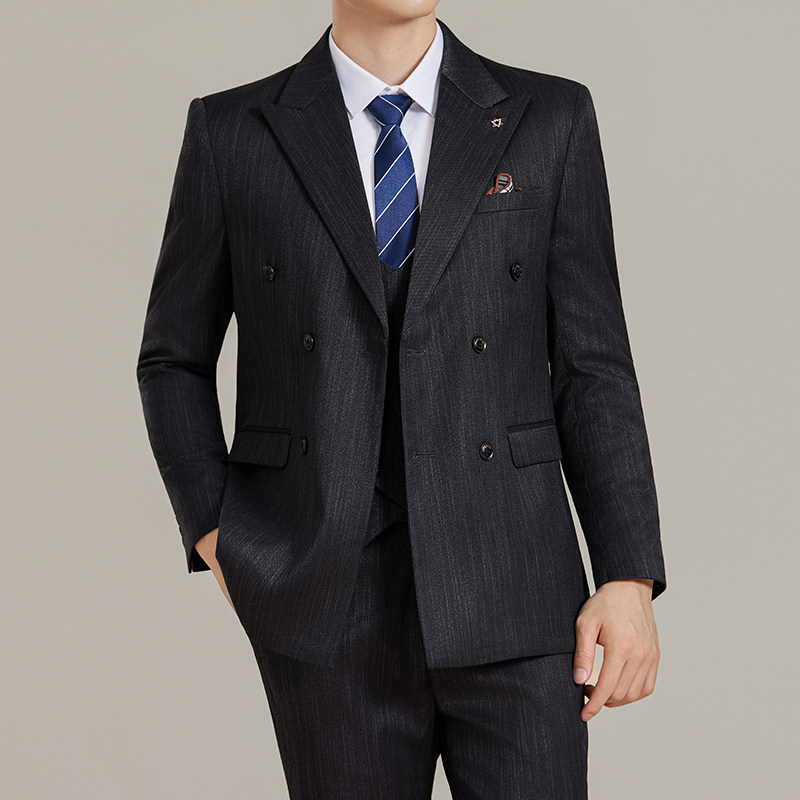 男士商务休闲西服流星雨条纹双排扣时尚潮流西装三件套2525-P285,男装西服套装,星座1606-1