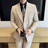 韩版修身西服时尚潮流设计双排扣西装三件套2415-P265右前幅可掀，男装西服套装，星座1606-1