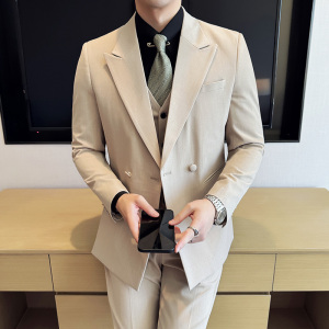韩版修身西服时尚潮流设计双排扣西装三件套2415-P265右前幅可掀图片