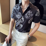 夏季印花短袖衬衫冰丝时尚休闲免熨衬衣男CS024-P58，男装T恤，星座1606-1