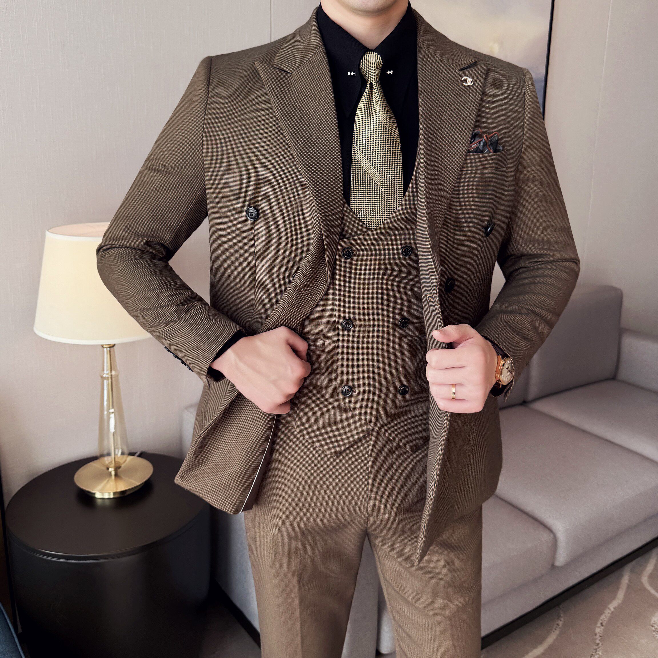 男士商务休闲西装华夫格韩版修身双排扣西服三件套2522-P285,男装西服套装,星座1606-1