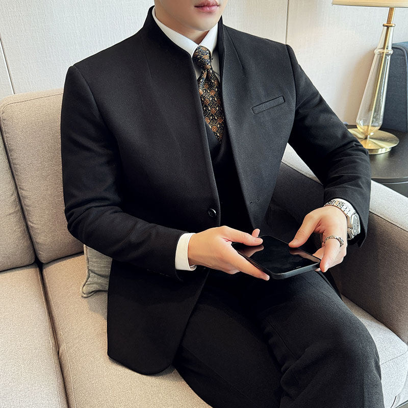 立领韩版修身商务西服毛呢西装三件套2413-P245,男装西服套装,星座1606-1