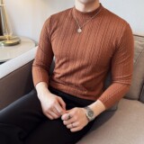 DS051-P48半高领立体提花双线条纹T恤时尚百搭男士长袖打底衫，男装T恤，星座1606-1