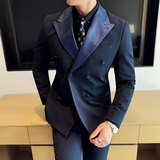 撞色拼接韩版修身西服潮流时尚双排扣西装三件套2416-P270，男装西服套装，星座1606-1