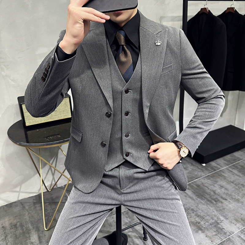 两粒扣戗驳领西服韩版修身商务西装三件套8802A-P235,男装西服套装,星座1606-1
