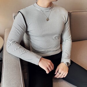 DS044-P48条纹半高领T恤修身立体男士长袖打底衫图片
