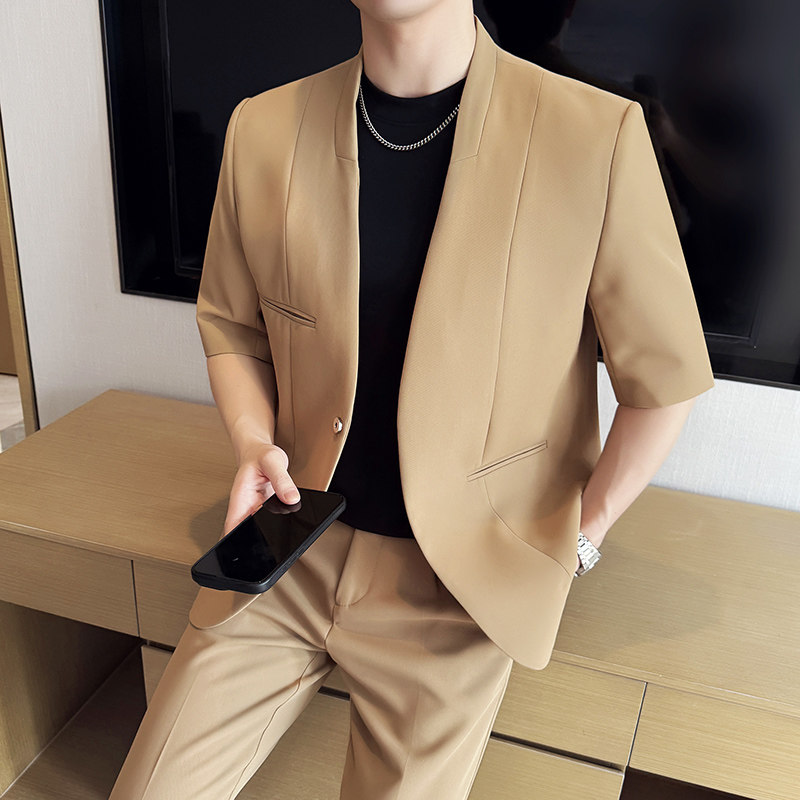 无领新中式西装微宽松版型短袖西服磁吸纽扣西服套装2504-P220,男装T恤,星座1606-1