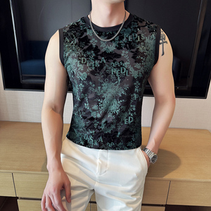 风镂空提花无袖坎肩背心夏季薄款网纱T恤男DS027-P48图片