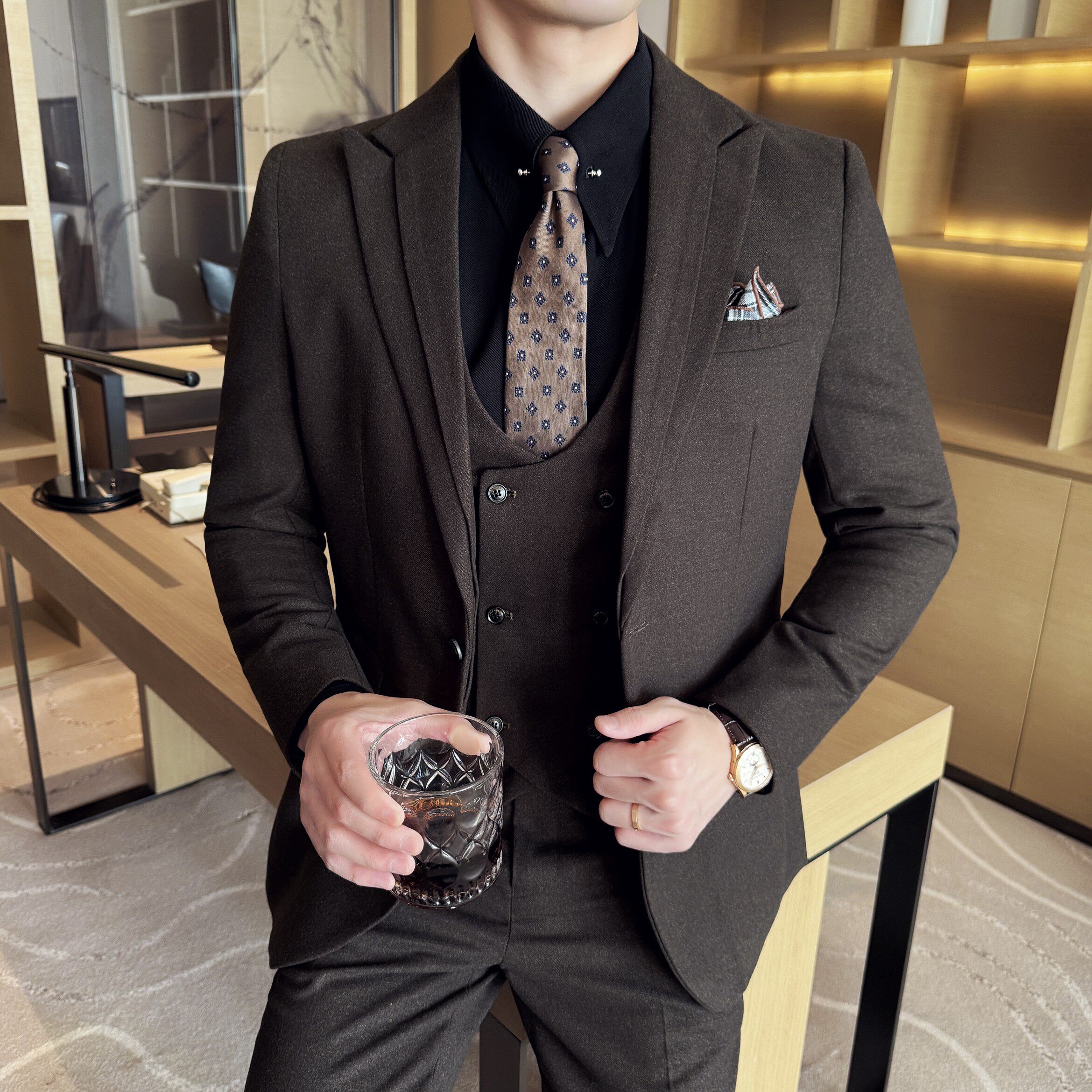 男士商务休闲西服双反领时尚潮流韩版修身西装三件套2523-P280，男装西服套装，星座1606-1