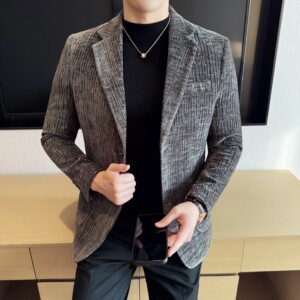 雪尼尔褶皱时尚休闲西装外套男士韩版修身西服DX60-P148
