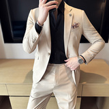 春夏薄款韩版修身西服纯色暗格条纹西装套装1836-P220，男装西服套装，星座1606-1