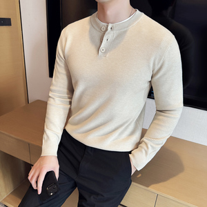 莫代尔亨利领半开胸毛衣男针织套头毛衣修身毛线针织衫6663A-P68图片