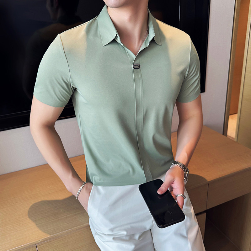 冰丝无痕高弹V领PLO衫高端时尚短袖上衣男2821-P62,男装T恤,星座1606-1