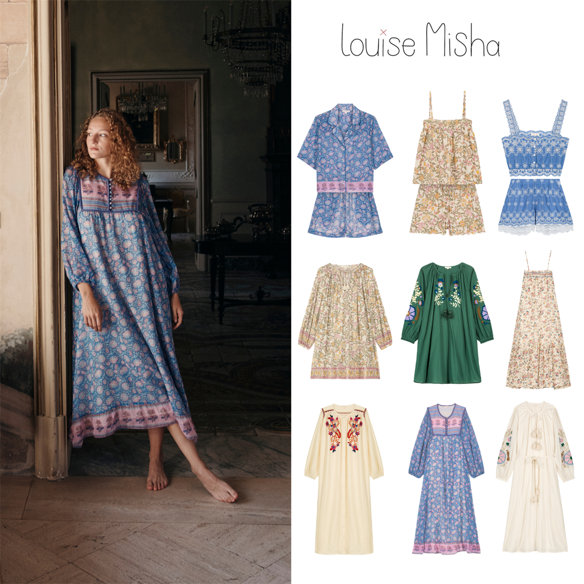 现货 法国 Louise misha 25ss 春夏女士复古刺绣吊带套装连衣裙