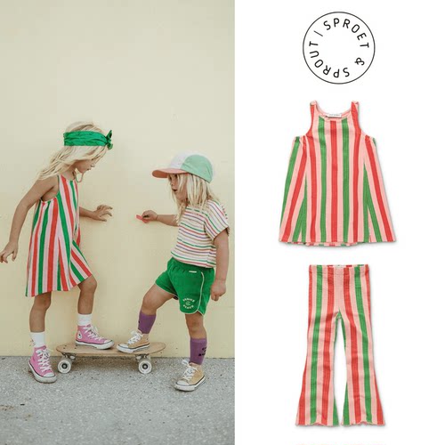 彩色条纹连衣裙喇叭裤长裤喇叭裤