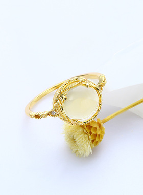 S925银镀金复古黄晶戒指直销